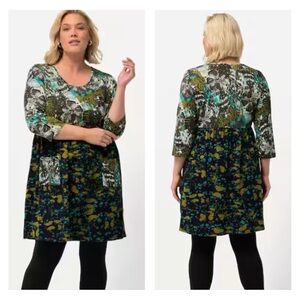 Ulla Popken 20/22 Dress Tunic Mix Olive Tone Print Empire Knit Cotton A-line